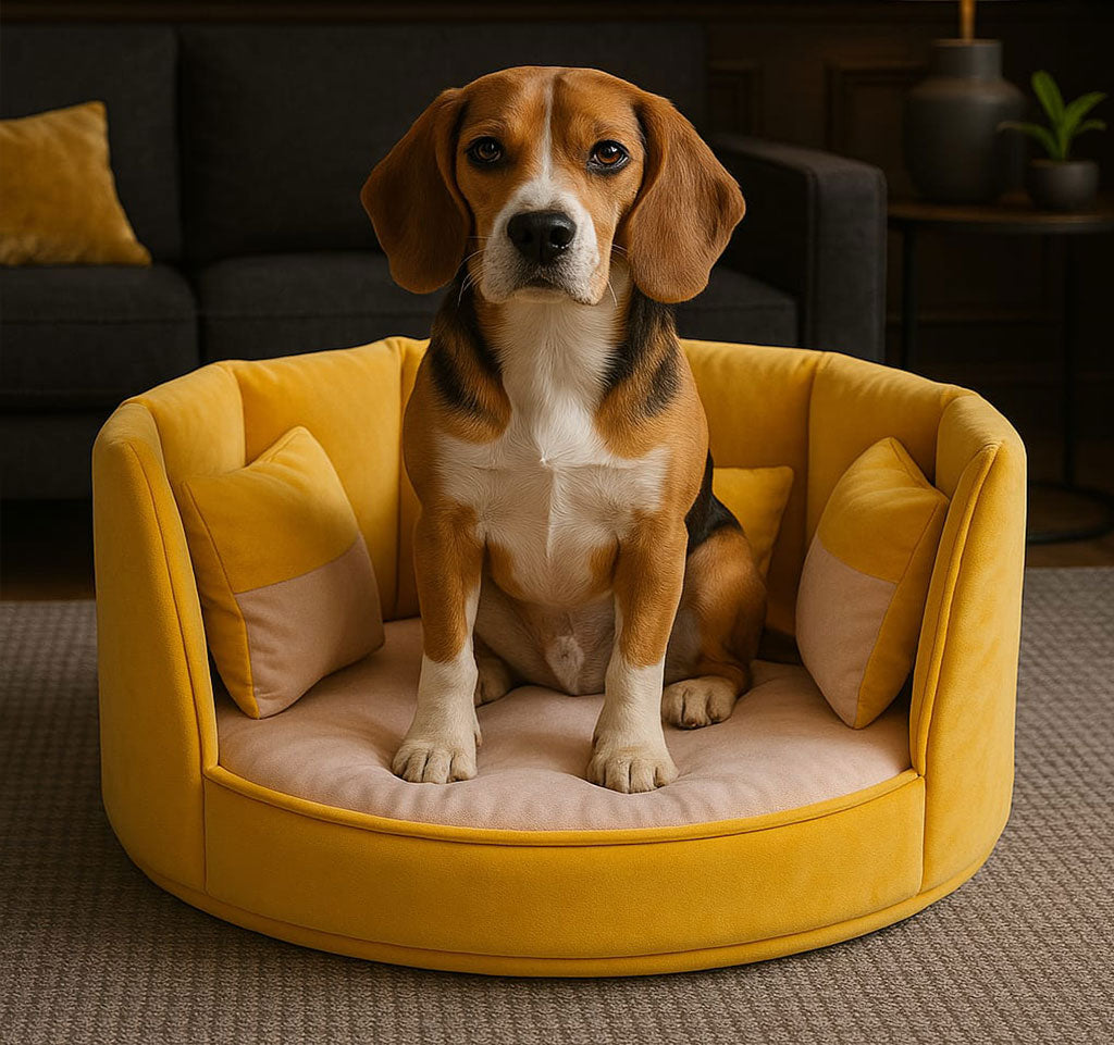 Beagle dog sleeping in a round velvet pet sofa bed soft cushion – premium design by Aristopet