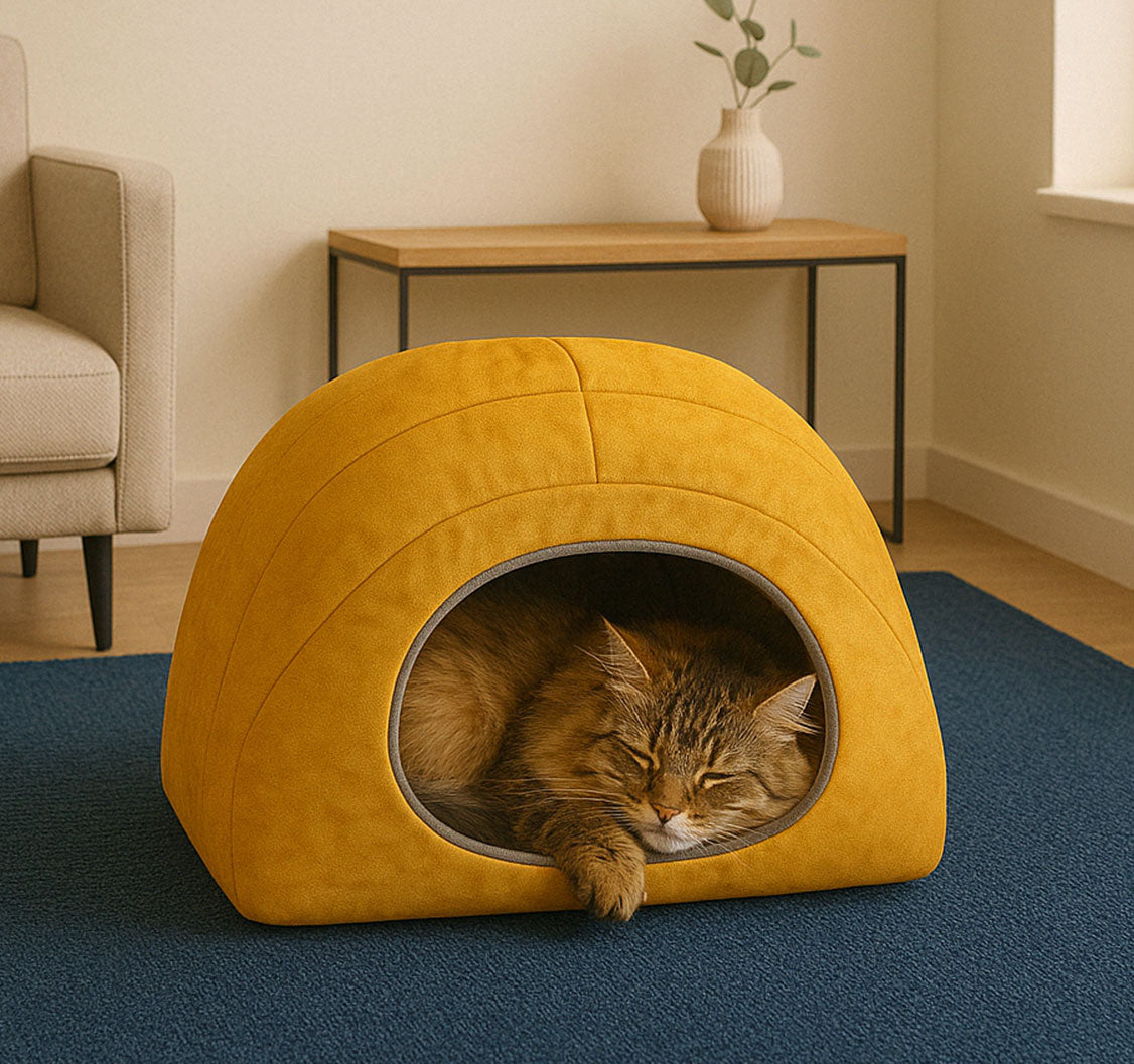 Norwegian Forest Cat cat sleeping inside a soft pink velvet dome-shaped cat nest – cozy premium bed by Aristopet