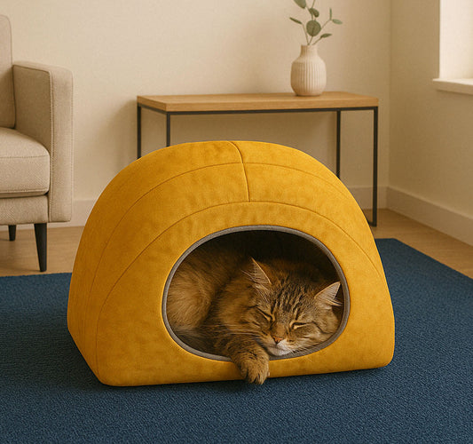 Norwegian Forest Cat cat sleeping inside a soft pink velvet dome-shaped cat nest – cozy premium bed by Aristopet